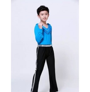Turquoise blue yellow black long sleeves ruffles neck round neck Boys kids children competition performance school play  latin jazz ballroom tango dance outfits costumes sets
